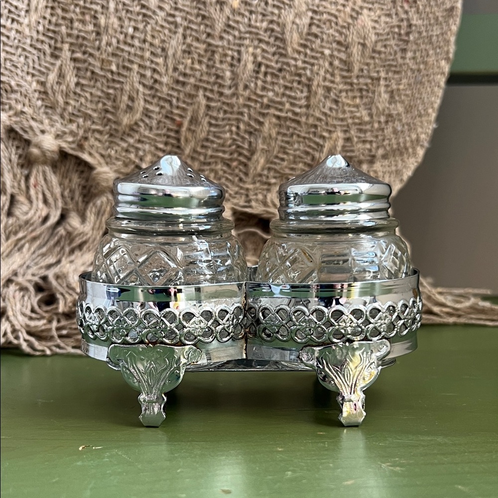 Vintage Silver-Plated Cut Glass Salt & Pepper Shakers with Caddy — Cruet Set